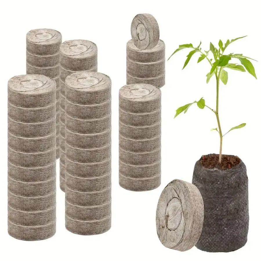 50pcs Compressed Peat Pellet Fiber Soil, Plant Seed Starters Nursery Plugs Pallet Seedling Soil Block for Grow Herbs Plant Flowers Vegetables