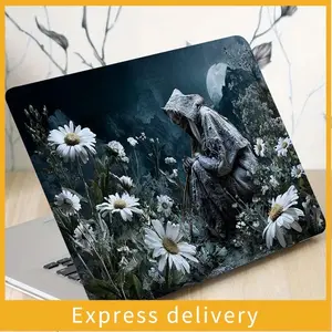 2-Piece old woman moon flower pattern PVC laptop case sticker, scratch-resistant DIY art protective cover, suitable for HP Dell,