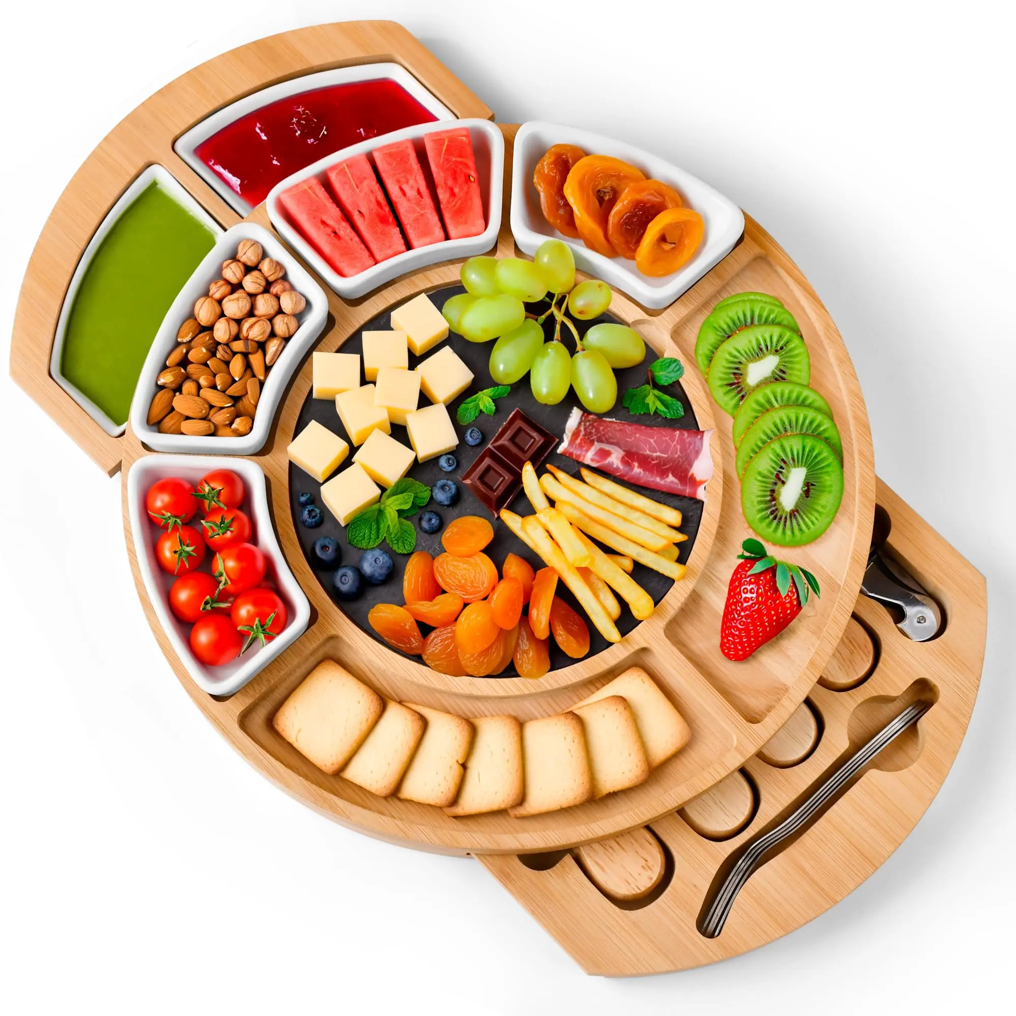 Bamboo Charcuterie Boards Gift Set Round Cheese Board and Knife Set with Ceramic Bowls Cheese Tray Wooden Serving Tray Platter, Large Round Bamboo Charcuterie Board Set – Expandable Cheese Board with 2 Hidden Slide-Out Drawers,Utensils & Bowls for Hosting