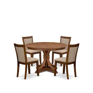 5-Pc Kitchen Table Set A Pedestal Dining Table, 4 Light Tan Fabric Dining Chairs
