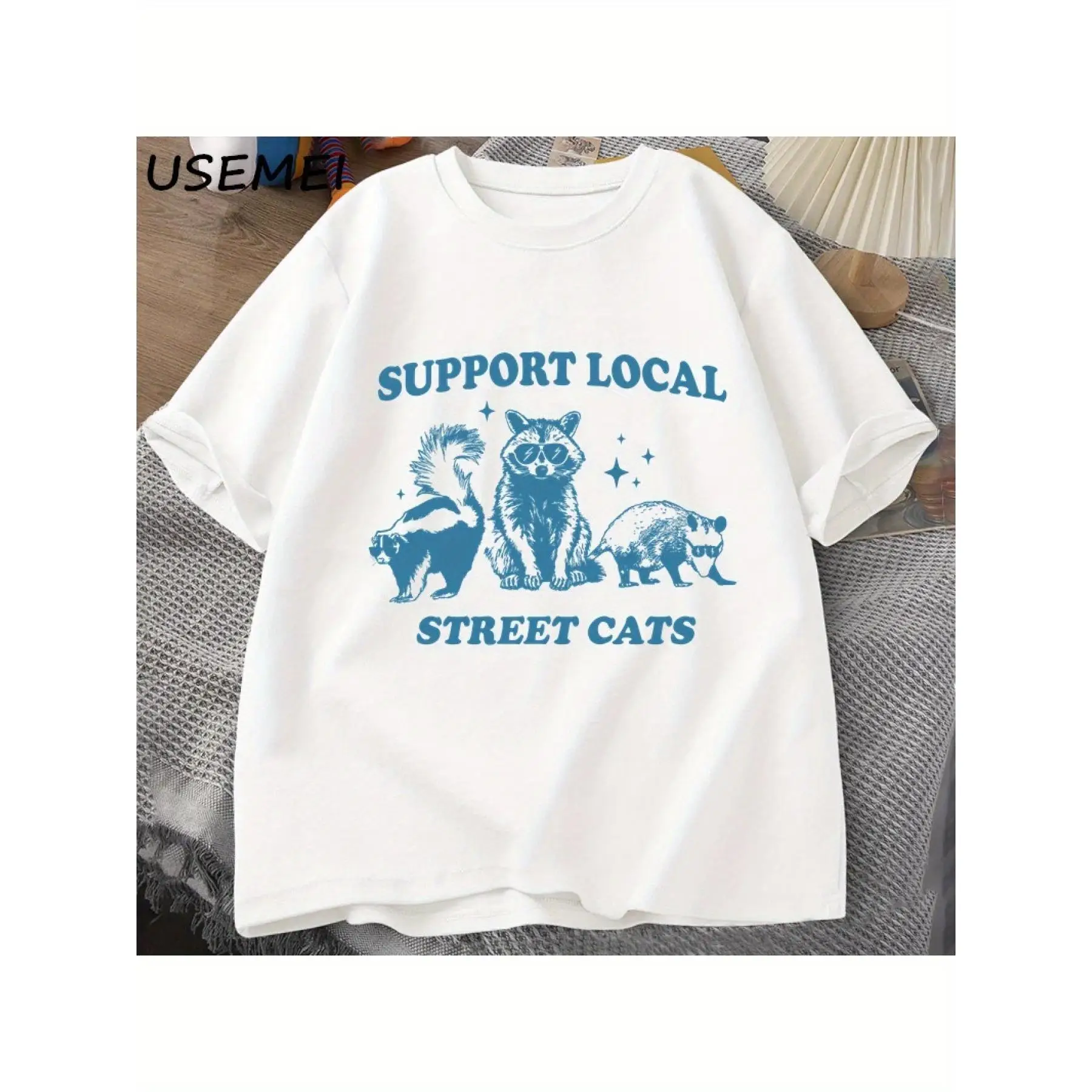 Support Your Local Street Cats Retro T Shirt Funny Raccoon T-Shirt Streetwear Animal Cat Lover Graphic T Shirts Mens 100% Cotton T-Shirt - Versatile