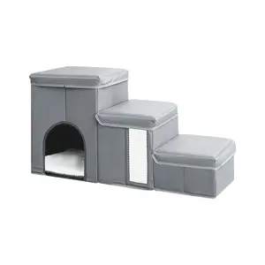 Foldable Pet Stairs with Cat Bed & Storage, 3-Step Dog Stairs for Small to Large Pets, Joint-Friendly Non-Slip Pet Steps with Scratch Pad