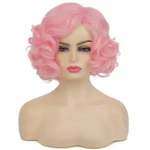 Short Curly Pink Wigs for Women Synthetic Natural Wavy Pink Costume Cosplay Party Wig with Cap