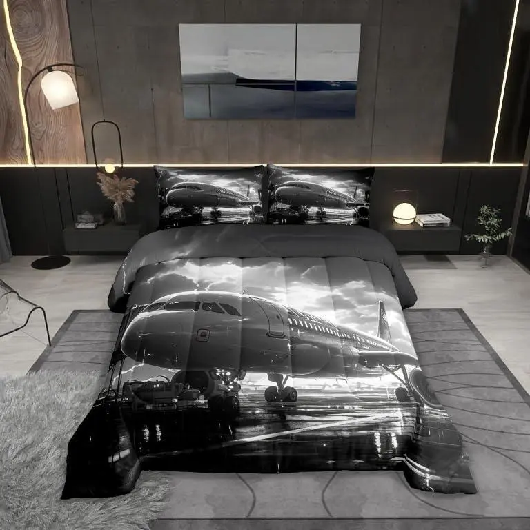 Airplane Comforter Set,Aviation Plane Aircraft Modern Bedding Set,3D Print Lightning Sky Print Quilt Set for Child Bedroom,Dark Gray Duvet Insert