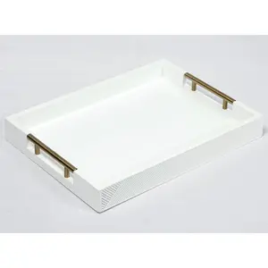 Serving Tray with Polished Metal Handles, 16.5''x12'' Rectangle Coffee Table Tray, Modern Decorative Tray, Large Ottoman Tray,  for Storage and Display (White)