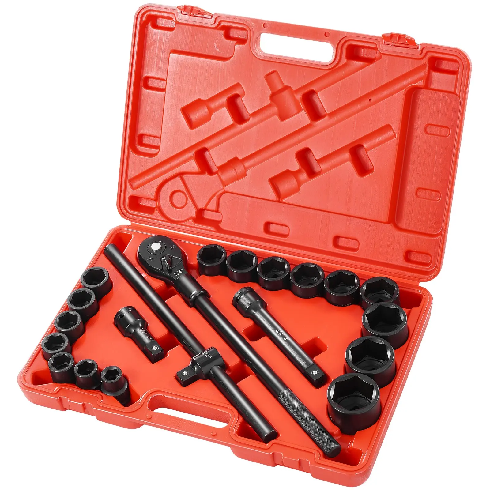 【Summerfinds】VEVOR Impact Socket Set 3/4 Inches 21 Piece Standard Impact Sockets Socket Assortment 3/4 Inches Drive Socket Set Impact Standard SAE Sizes 3/4 Inches to 2 Inches Includes Adapters and Ratchet Handle