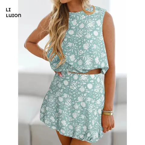 Women's 2 Piece Summer Printing Skirt Set Short Sleeves Crop Top With Mini Skirt Ladies Beach Vacation Outfits