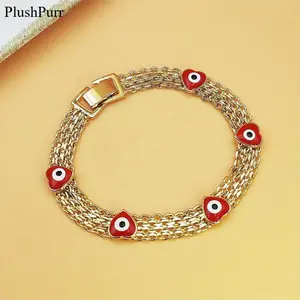 Unisex 2026 Trendy Boho-Chic Evil Eye Charm Bracelet - Luxe Wide Copper Chain with Red Beads, Comfortable Fit Protection Jewelry for Everyday Wear & Gifting, Sports Wristband Accessory,summervibes outdoorfun