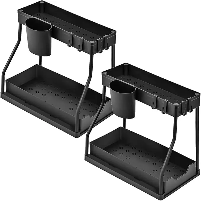 2-Tier Expandable Under Sink Organizer, L-Shaped Retractable Storage Rack with Adjustable Shelf and Hanging Hooks, Space-Saving Under Cabinet Organizer for Kitchen, Bathroom, Pantry, Cleaning Supplies, Spices and Small Spaces
