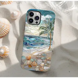 Beach Palm Tree iPhone Case, Ocean Waves Phone Cover, Coastal Stained Premium Film 2 in 1 Phone Case - Durable, Shock Absorbing and Stylish Protection - Compatible with iPhone 16-11, Plus, Pro, Pro Max, Perfect birthday gift for friends. Protective Local