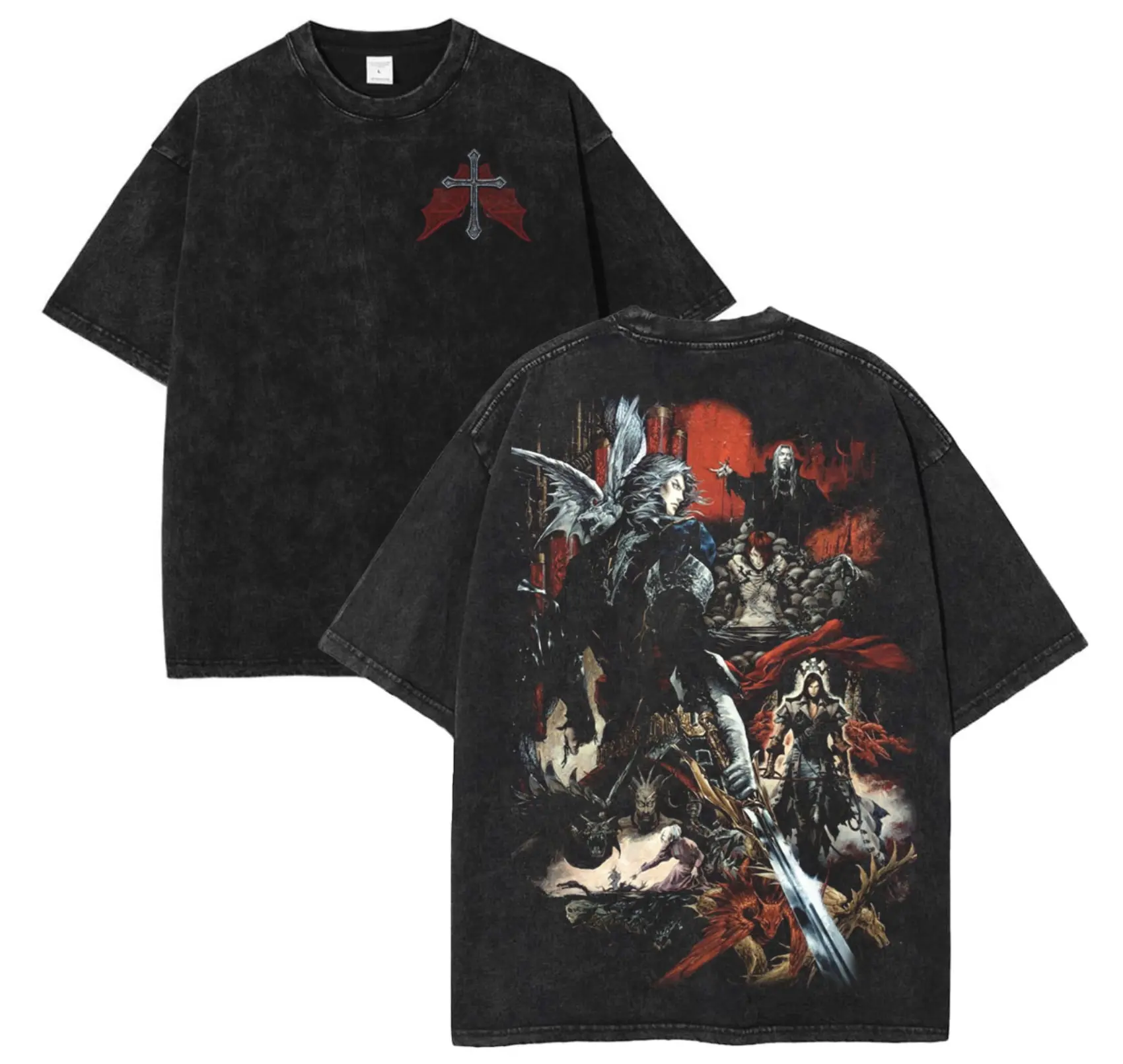 Castlevania Bloodlines Cotton Washed T-Shirt Menswear Gothic Vampire Knight Print Streetwear Casual Top Classic Smooth Seamless Alucard Dracula Shirt