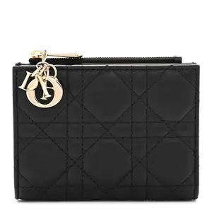 Pre-owned Dior Leather Small Leather Goods Lambskin Cannage Lady Dahlia Wallet Black