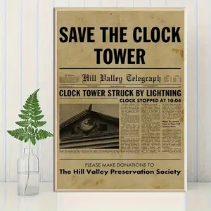 1pc Vintage Back to the Future Part II Movie Poster - Hill Valley Preservation Society Donation, Clock Tower Historical Newspaper Article Replica - Retro 80s/90s Decor - Clock Tower Strike by Lightning - for Home, Office, Cafe   Frameless Design