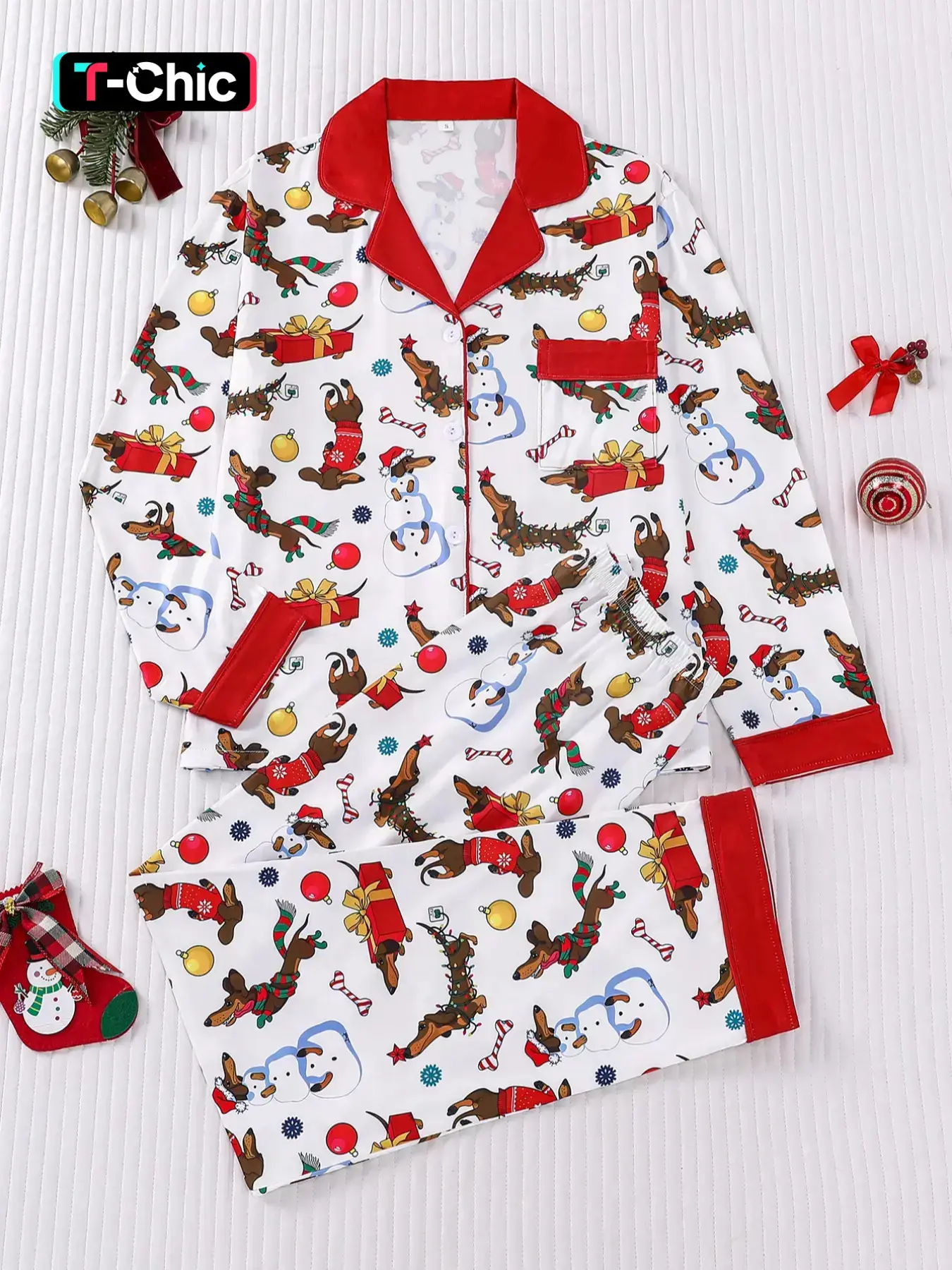 2-piece Christmas gift set: scarf, snowman, sausage dog, striped bone, colored bell, soft, comfortable, skin-friendly, smooth, suitable for home wear, casual wear, Loungewear, Christmas pajamas
