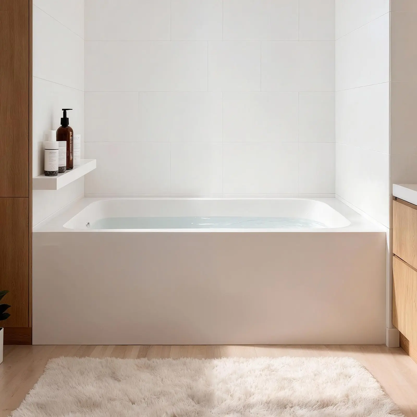 60 x 30 Inch Contemporary Alcove Acrylic Bathtub, White Soaking Tub with Left Hand Drain and Overflow, Large Rectangular Deep Soak Tub for Bathroom, Integral Flange, Modern Design, Easy Installation