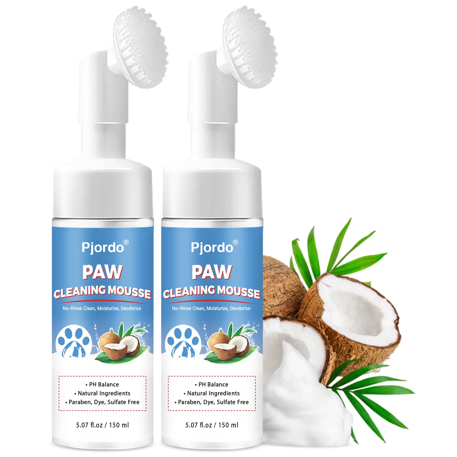 [2 bottles] Paw Cleaner for Dogs and Cats - No Rinse Foaming Cleanser, PH Balanced Deodorizing Paw Wash with Silicone Brush for All Breeds