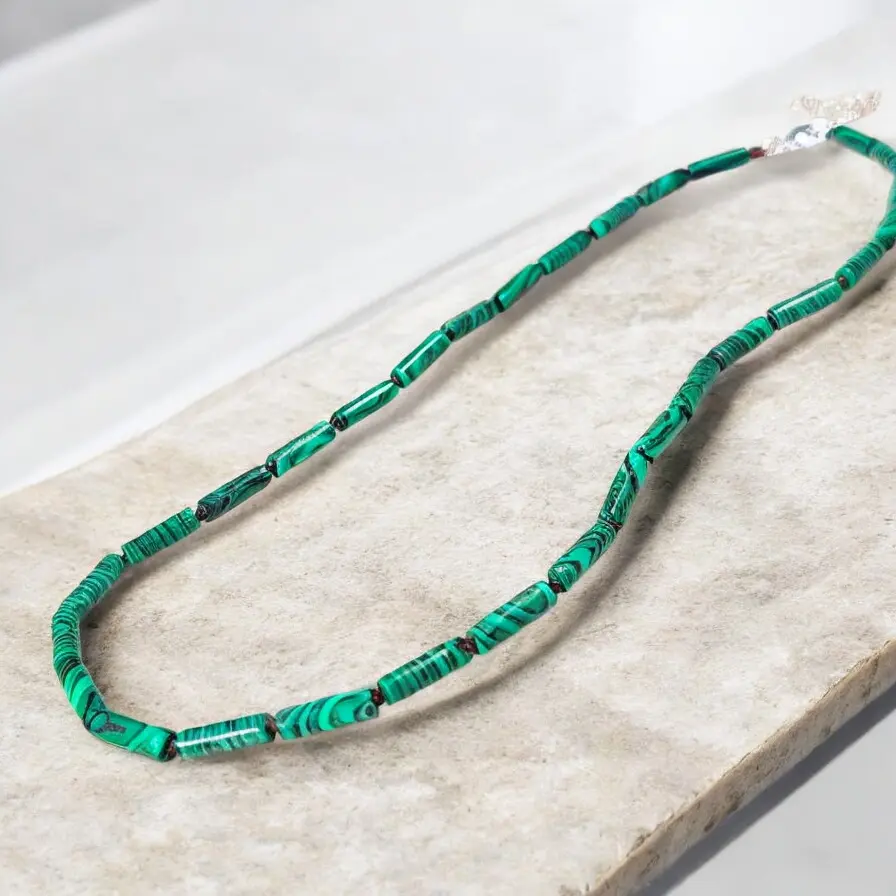 18" Malachite Cylinder Beads Beaded Necklace for Women, Elegant Jewelry for Daily, Handmade Healing Gemstone Necklace, Birthday Gift For Women