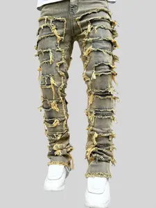 Men's Ripped Raw Hem Jeans, Casual Comfy Slim-fitting Denim Pants for Daily Wear, Fashion Men's Bottoms for All Seasons, Slim Fit Jeans, Jeans for Men, Cotton, Ripped Patch Jeans, Distressed Jeans, Streetwear