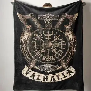 Nordic Viking Mythology Valhalla Rune Shield Axe Flannel Blanket, Dark Retro Culture Warm Throw, Home Decor, Sofa, Bedroom, Living Room