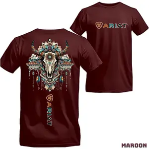 Ariat T-Shirt  Tribal Western Bull Skull and Geometric Feather Graphic  Unisex, Relaxed Fit, Short Sleeve, Machine Washable  Boyfriend Gift  Menswear, Streetwear, Vacation Outfits