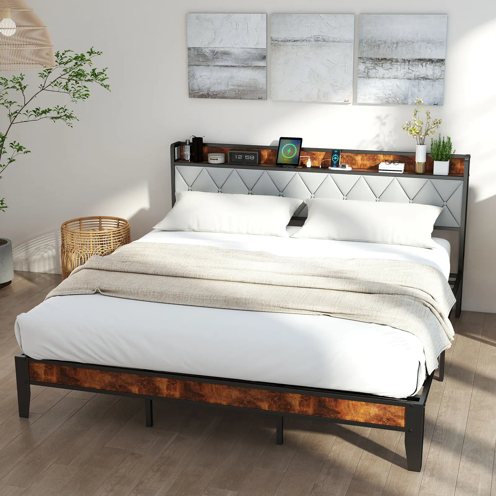 Double Modern Foam-Padded Upholstered Bed Frame with Headboard - Queen-King Size, Engineered for Stability, Smart Underbed Storage, Built-In Charging Ports, Noiseless Design, Tool-Free Assembly Required, No Box Spring Needed