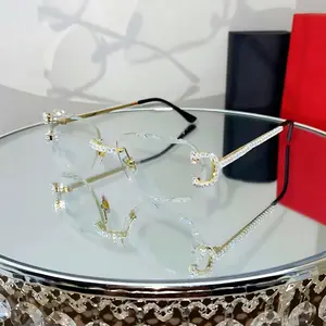 Luxury Rimless Round Cut Sunglasses Clear Lens Gold Frame with High-Quality Rhinestones and Diamond Shine UV400 Protection for Men & Women