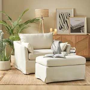 HULALA HOME Hulala Miles Slipcovered Armchair with Large Ottoman Removable Slipcover Oversized Comfort Wheels Reversible Cushion Solid Wood Legs Modern Upholstered Sofa