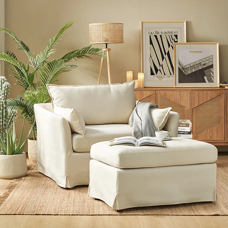 HULALA HOME Hulala Miles Slipcovered Armchair with Large Ottoman Removable Slipcover Oversized Comfort Wheels Reversible Cushion Solid Wood Legs Modern Upholstered Sofa