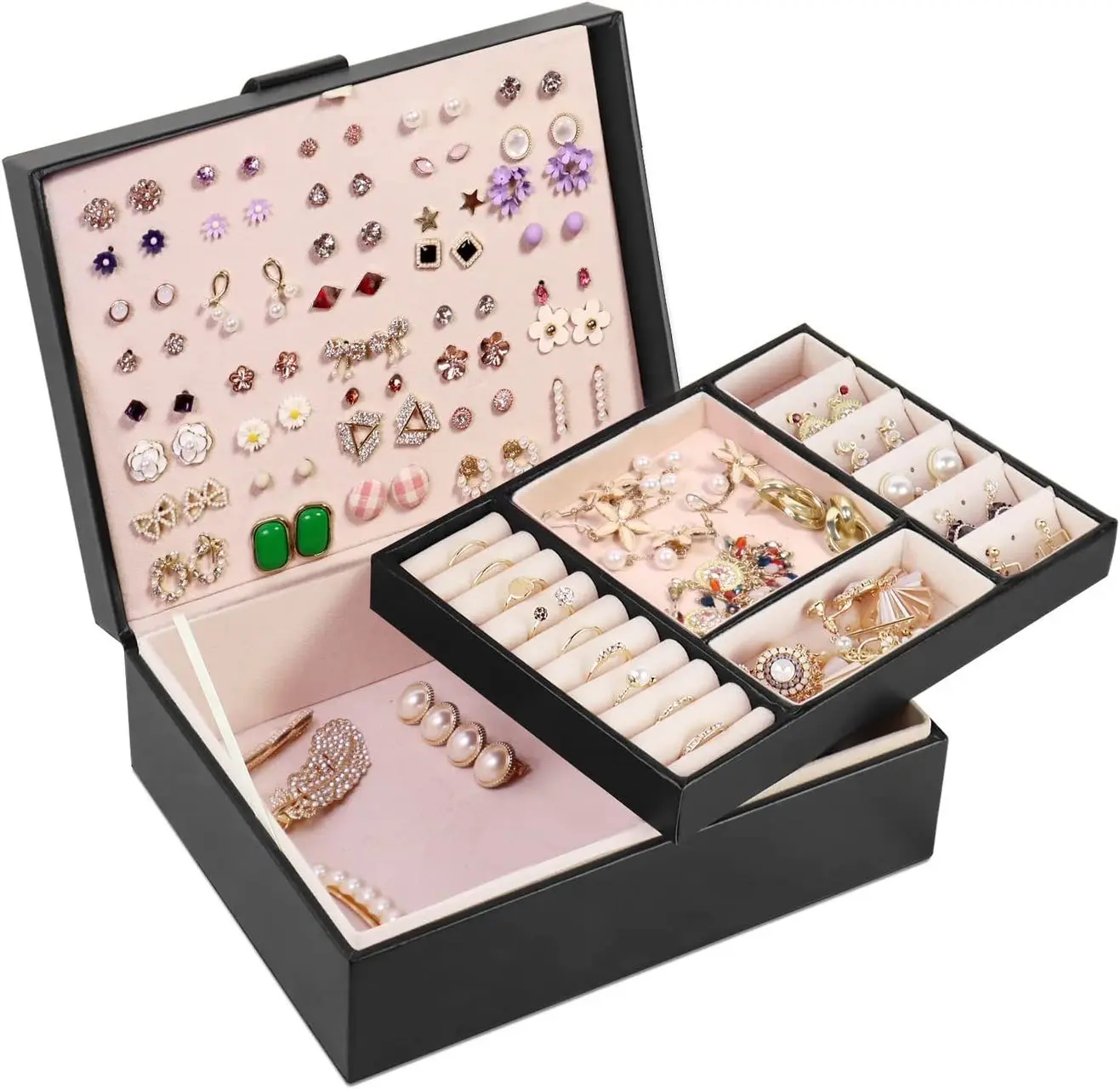 Jewelry Box for Women, Earring Organizer Box Leather Jewelry Organizer Jewelry Storage Boxes, Earrings Jewelry Box Display Multi-layer Jewelry Holder Case for Necklace Earrings Rings Bracelets Multicolor Gift Room Vanity Wife Velvet