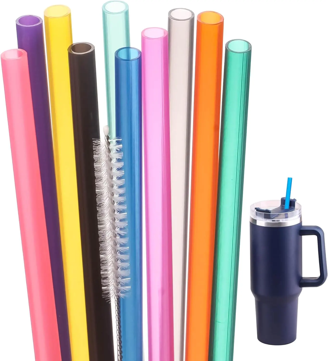 Plastic Replacement Straws for 30oz-40oz Tumblers, 10-Pack 12-Inch Bar Utensils with Cleaning Brush, Dishwasher-Safe Mixed-Color Cup Accessories, 12 Inches
