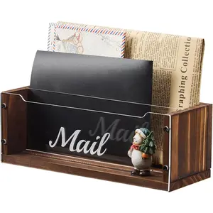 Mail Holder with Clear Acrylic Dividers - 2 Slots Mail Organizer Desktop, Mail Sorter Inside Home and Office, Solid Wood Mail Box for Wall