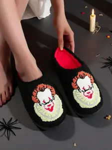 Horror Clown Embroidered Plush Slippers, Soft Comfortable Home Shoes for Men & Women, Perfect Halloween Gift, All Seasons Wear, Flat Slippers
