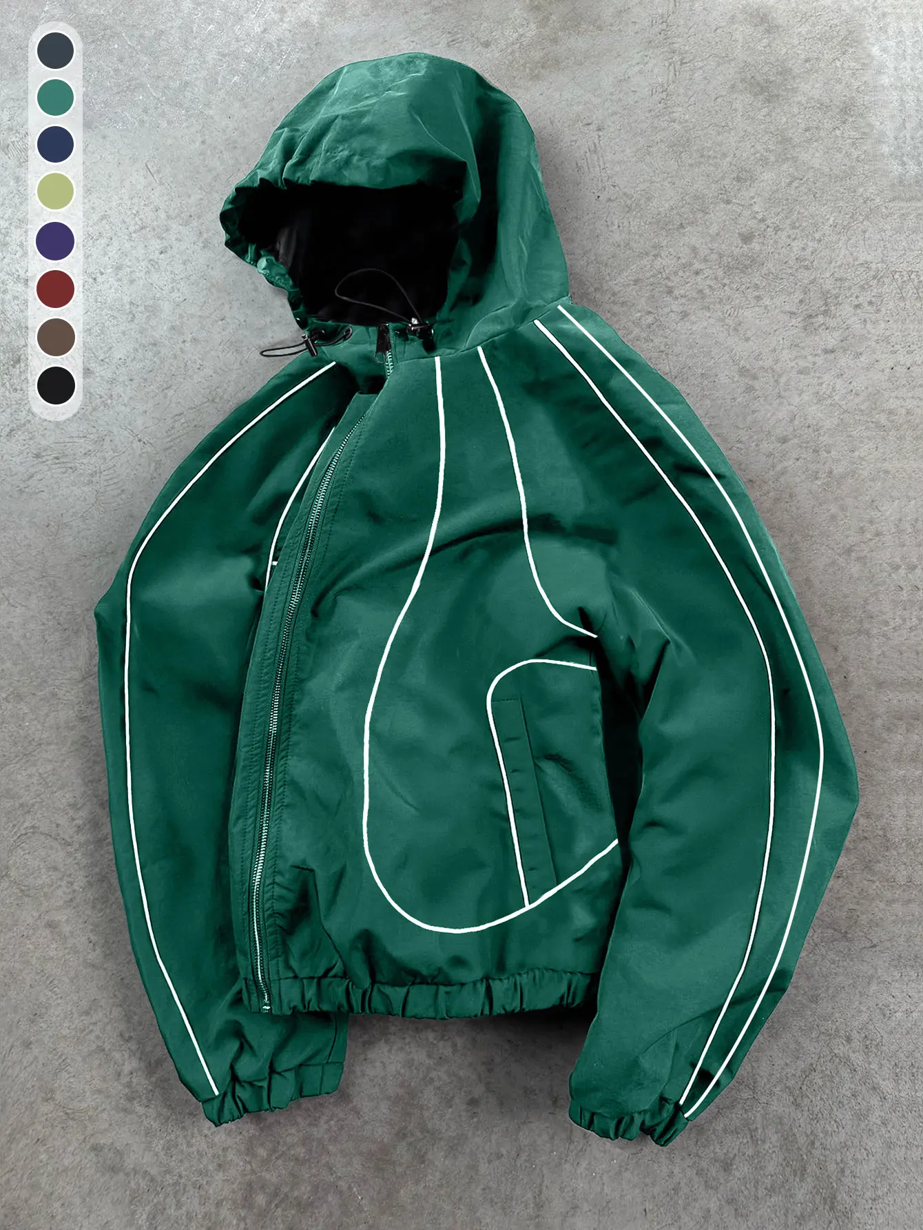 Men’s Y2K green visible-line hooded jacket, retro street-style windbreaker, hip-hop color-blocked line design top