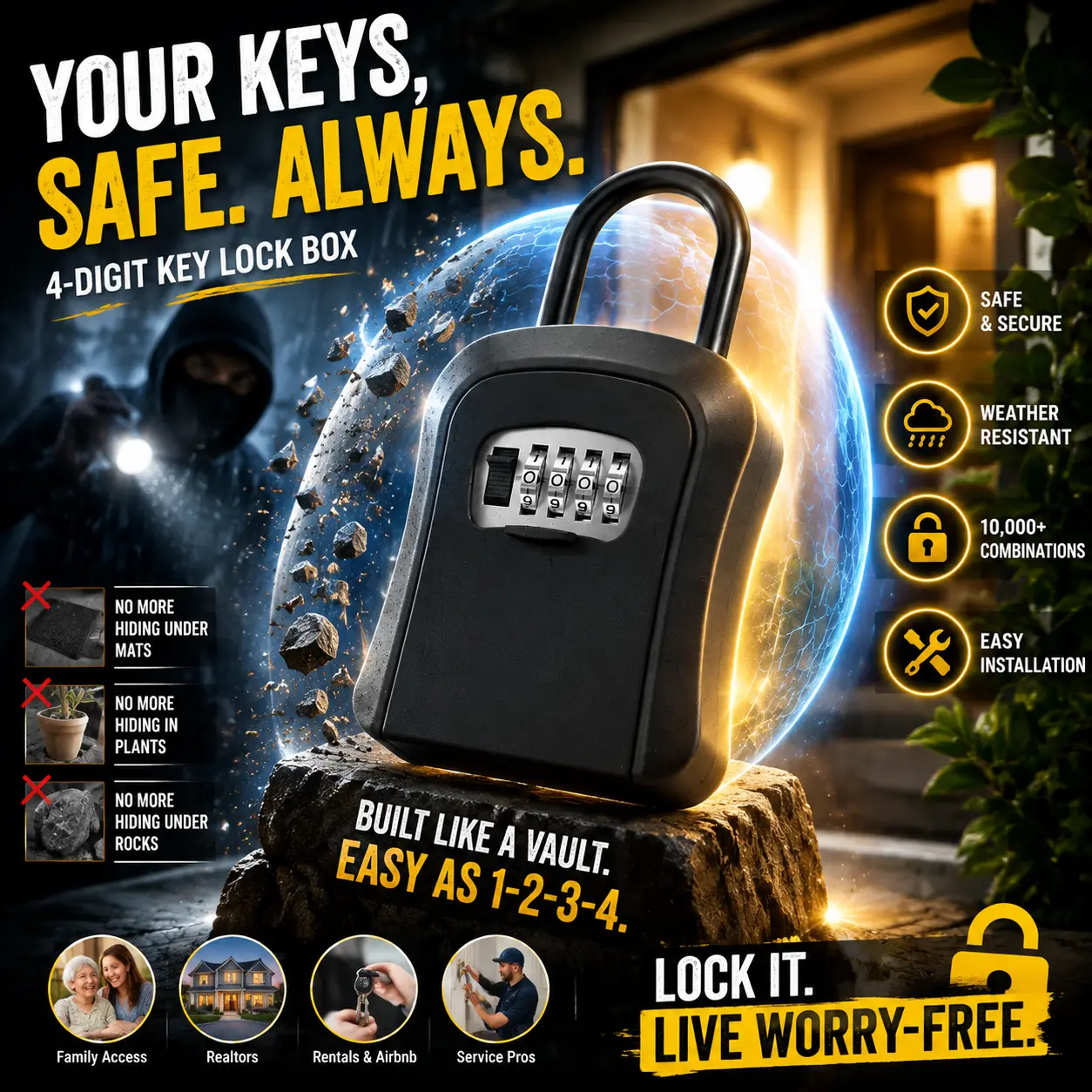 Key Lock Box Outdoor 4 Digit Code Combination Lock Box House, For Contractors Guest Realtor, Home Office Use Storage Keys, Portable, Home Wall Mount, Resettable, Combination, Waterproof, Safety, Weatherproof, High-capacity