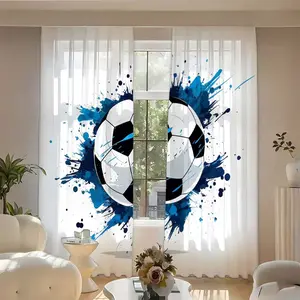 2pcs Blue Football Theme Print Curtains, Blackout Curtains, Polyester Fabric, Home Textile, Kitchen Bedroom Office Living Room Interior Decoration Accessories, Door Curtain (rodless design)