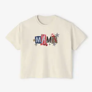 Boxy croptop Comfort Colors tee featuring a playful “MAMA” collage print. Soft, breathable fabric with a relaxed fit—perfect stylish Mother’s Day gift for everyday wear