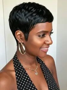 Short Layered Human Hair Pixie Cut Wig Straight With Bangs Full Machine Made Lightweight for Summer Daily Wear