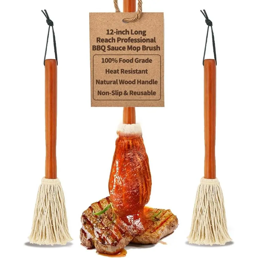 12" BBQ Sauce Basting Mops & Brushes for Roasting or Grilling, Apply Barbeque, Marinade or Glazing, Cotton Fiber Head and Hardwood Handle, Dish Mop Style,  for Cooking or Cleaning - Pack of 3