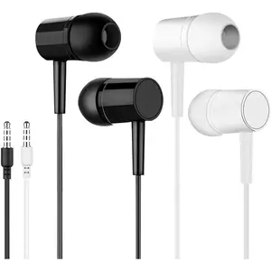 2 Packs Earbuds with 3.5mm Plug, Noise Cancelling Headphones Wired, Wired Headphones for School/Computer/Phones/Remote Work, Lightweight Ear Buds All Day Comfort, Black & White