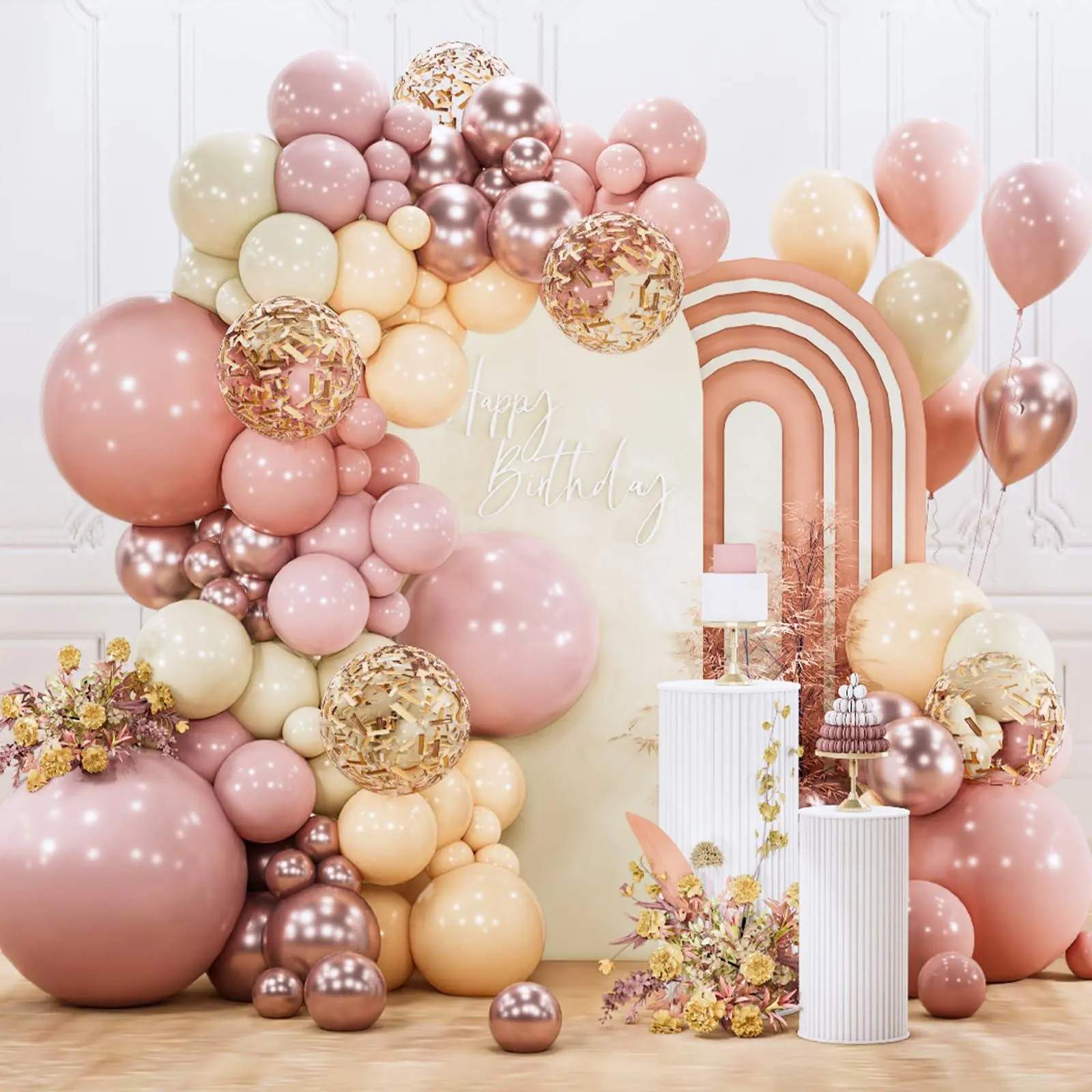 PartyWoo Dusty Pink Round Balloon Arch Kit (142pcs, 18-12-10-5in) - Nude, White, Sand Gold, Pink Confetti Colorful Set for Happy Birthday, Baby Shower, Balloon Arch Backdrop Decor