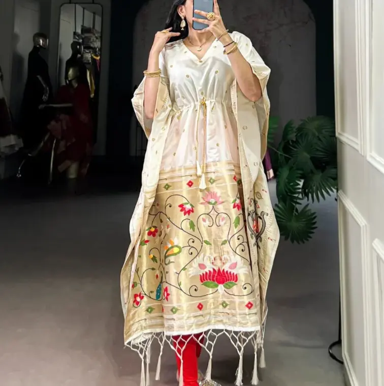 Silk Women's V-Neck Jacquard Kaftan | Modest Paithani Zari Weave for Wedding | Free Size Adjustable, Floral, Elegant, All Seasons, Zari Weaving Work, Athletic, Draping Style Kaftans, Flowing Adjustable Kaftans