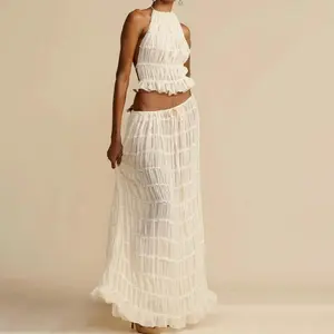 Women's 2-Piece Dress Suit - Polyester, Basic, Comfortable Fabric, Oversized Sexy Sleeveless Backless Cropped Halter Top & Pleated Long Skirt Beach Clothing