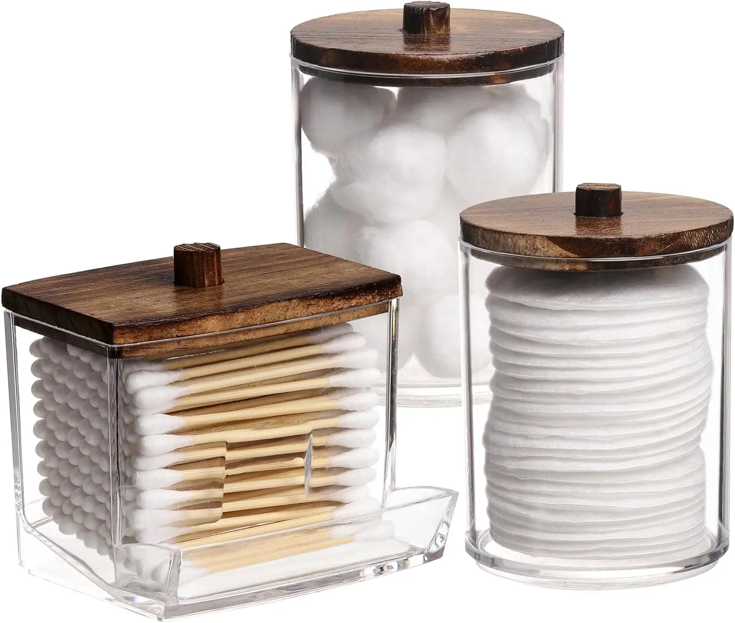 Qtips Holder Bathroom Container, 10 OZ Cotton Ball/Swabs Dispenser, Apothecary Jar Organizer for Storage Brown Wood Lids