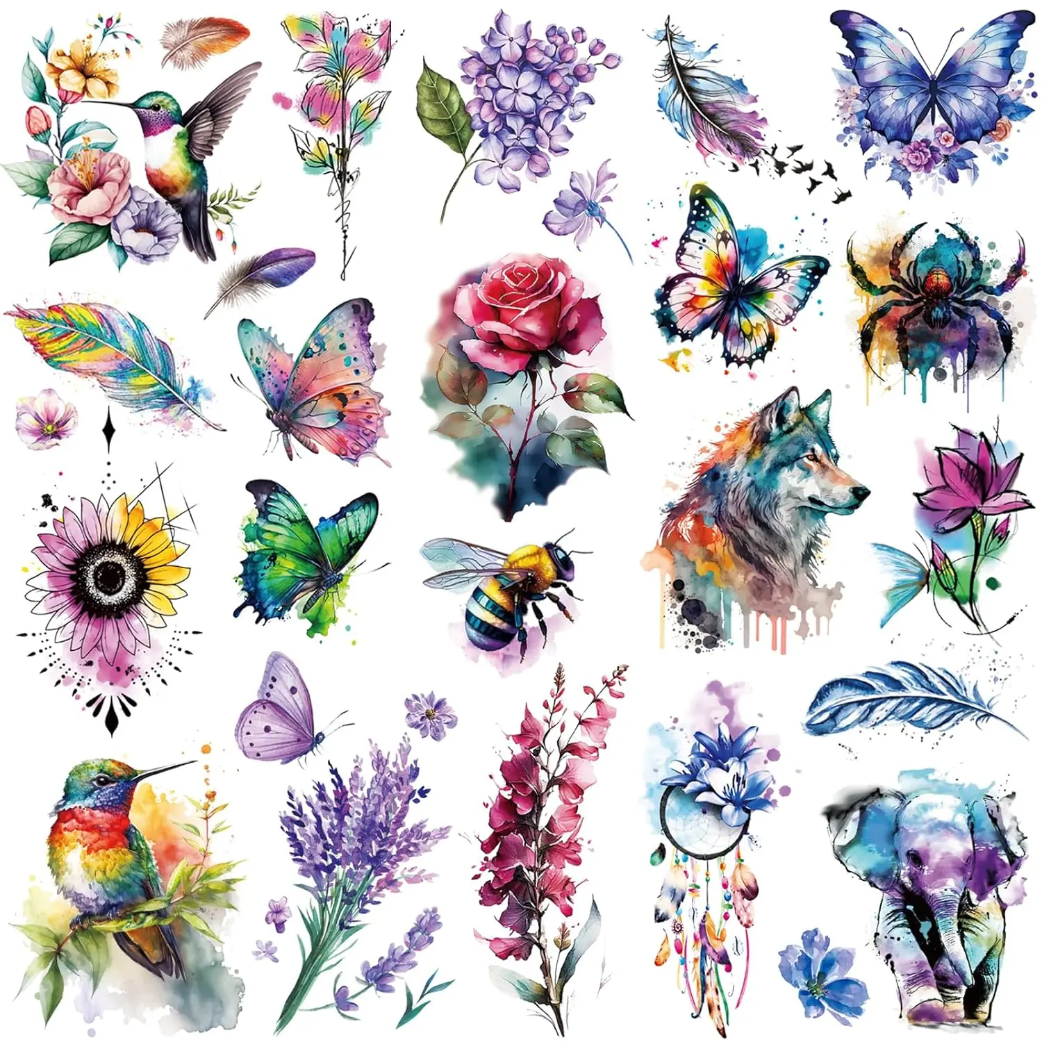 9 Sheets Large 3D Watercolor Temporary Tattoos For Women Girls-Colorful Flower Hummingbird Butterfly Realistic Long Lasting Fake Tattoo Stickers