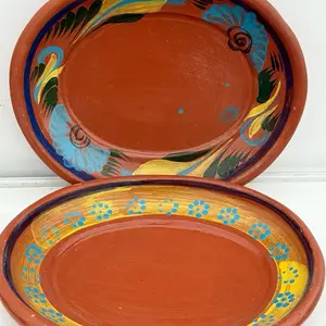 Vintage Clay Tray - Mexican 12” oval tray Lead Free - 2pc set Handcrafted Barro Pottery with Unique Design
