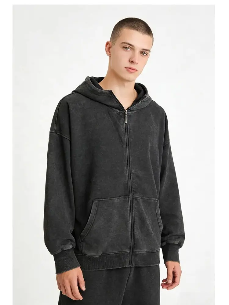 Water Washed Vintage Casual Heavyweight400g Zippered Hooded Sweatshirt Cotton Spring-Autumn Style  Long Sleeve Tops