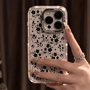 Unique luxury rhinestone floral pattern phone case, transparent shimmering starlight drop-proof protective cover suitable for iPhone 17 Pro Max/17 Air/iPhone Air/16 Pro Max/15 Plus/14/13/12 Christmas and Halloween gifts