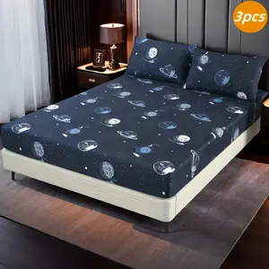 3pcs 100% Polyester Printed Soft Skin-Friendly Fitted Sheet Set, Includes 1 Fitted Sheet and 2 Pillowcases, Suitable for Bedroom and Guest Room