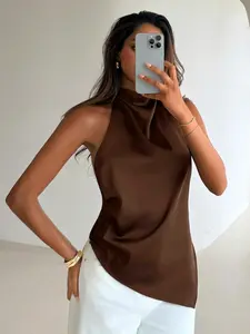 French Chic Style Satin Halter Backless Top, Asymmetrical Hem Shoulder Reveal Crop Tank, Perfect for Dates and Parties
