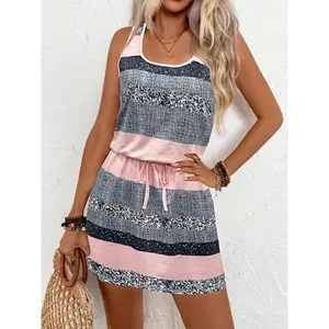 Full Printed Vest Dress, Casual Lace-up Sleeveless Summer Dress, Women's Clothing